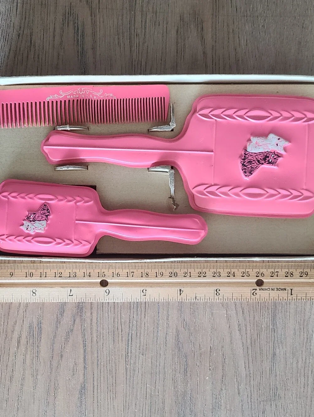 Vtg 1950s-1960s Child’s Pink Vanity Set Mirror Brush Comb Dogs Original Box